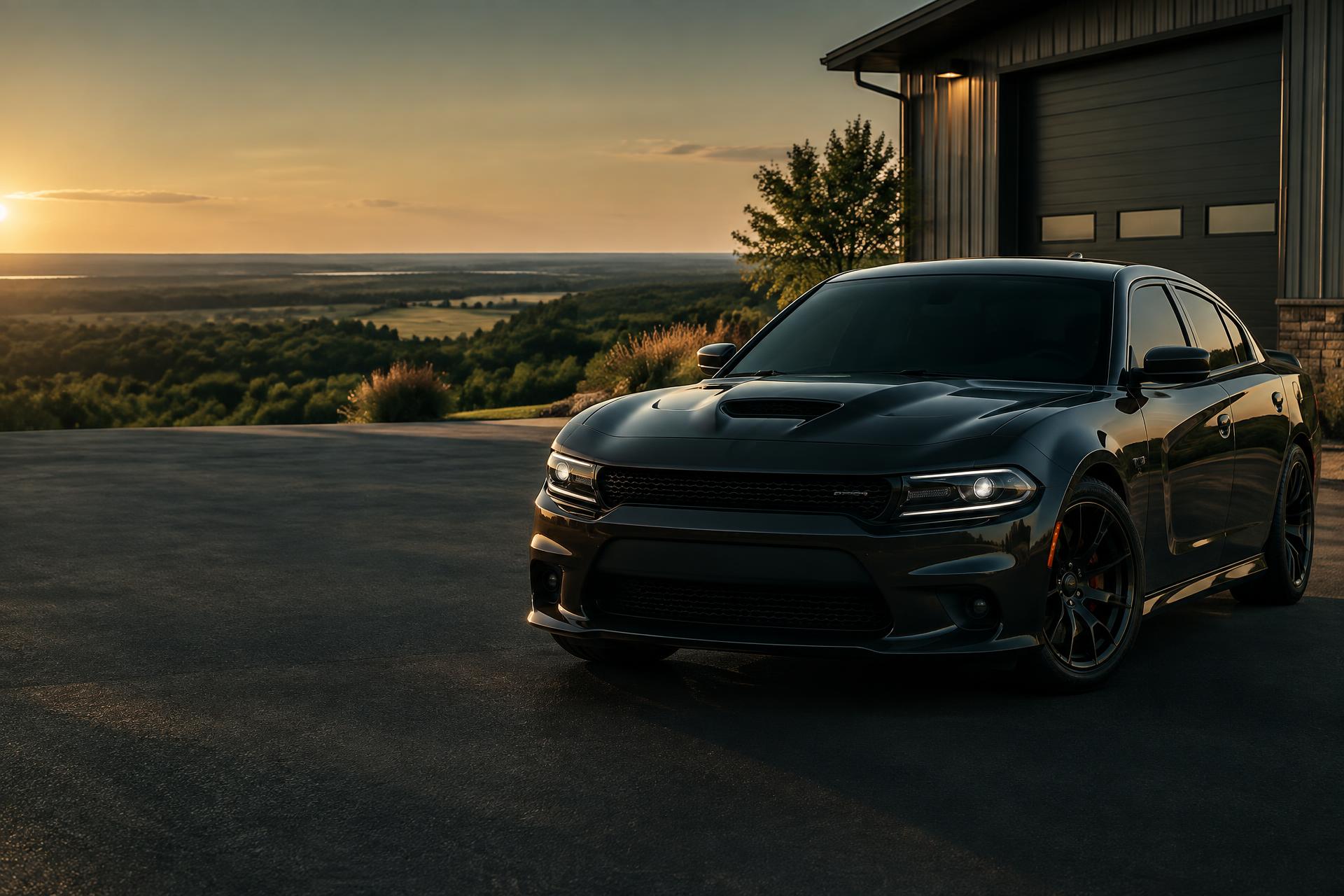 Dark tinted performance car outside a modern automotive shop at sunset